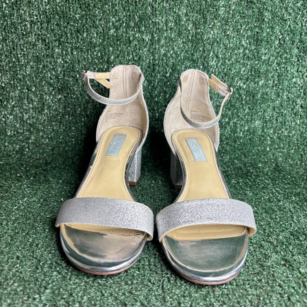 Betsey Johnson Miri Glitter Ankle Strap Block Heel Sparkly Sandal Silver Women 9